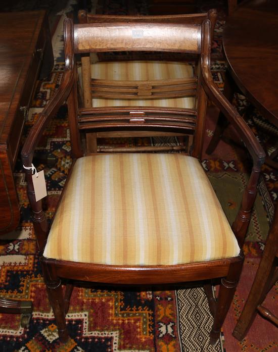 A set of six Regency mahogany dining chairs, carvers W.1ft 9in. H.2ft 10in.